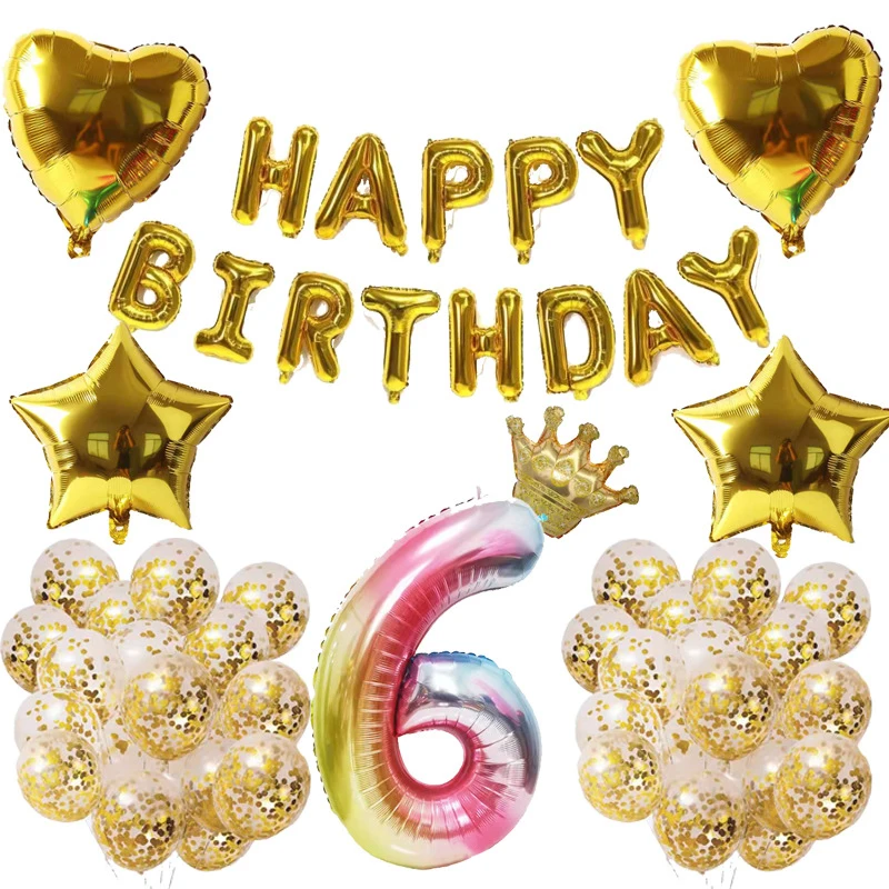 

Набор золотистых фотографий «С Днем Рождения» с цифрами в форме сердца, 6 коронами, фольгированный шар для девочки, украшение для вечеринки ...