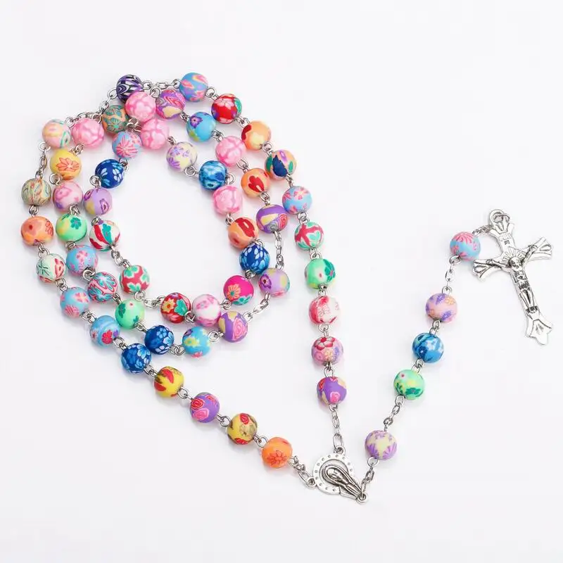 

Colorful Fashion Vintage Women Gifts Christian Prayer Polymer Clay Bead Religious Jewelry Jesus Crucifix Maria Center Necklace