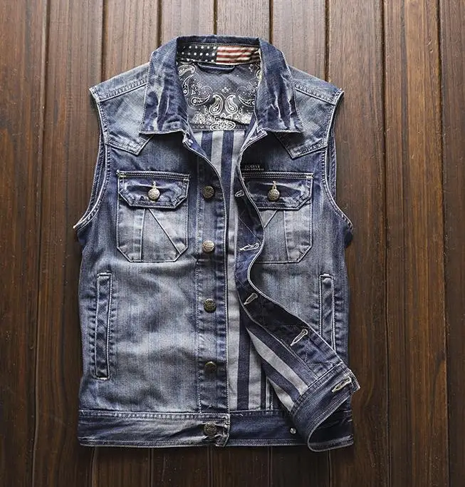 Men Slim Vintage Style Biker Motorcycle Denim Vest Multi Pocket Single Breasted Turn Down Collar High Quality | Мужская одежда
