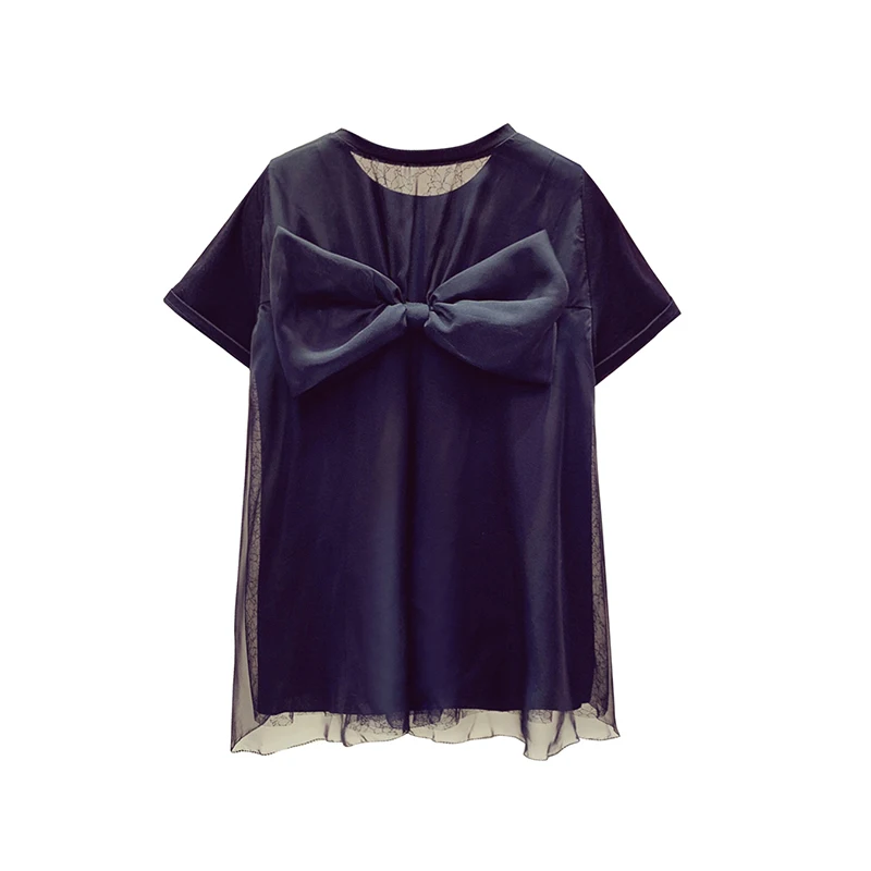 

Bow T-shirt Woman Summer New Fashion Short Sleeve T-shirt Splice Mesh Bow Shirt Tops White / Black Tees Student