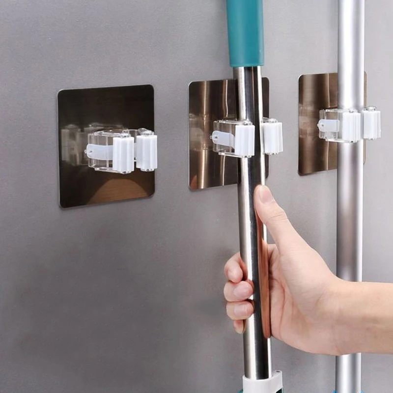 Ganchos Adhesivos Multiusos para Montar en la Pared, Soporte Organizador Fuerte de Cocina y Ba&ntilde;o para Fregona o Escoba, 2 o 4 Unidades-1