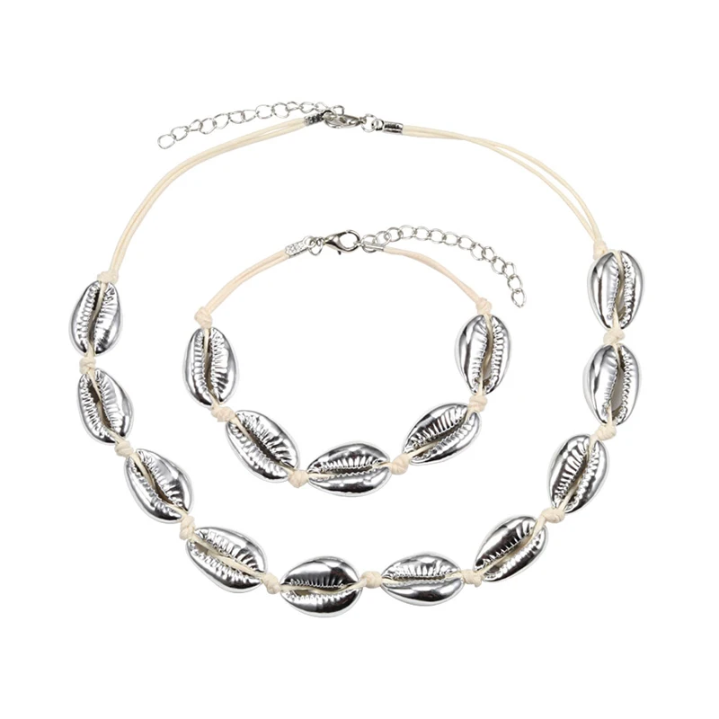 silver shell white Богемные 2 шт./компл. белая веревка натуральный корпус браслет ожерелье Женская мода морской коври браслеты и браслеты ювелирные изделия девушка аксессуары - Окраска металла: silver shell white