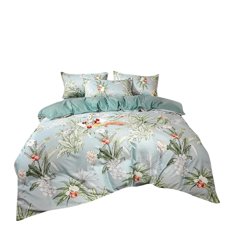 

4PCS Bedding Set Romantic Washed Tencel Flowers Duvet Cover Set Flat Sheet Pillowcase BedClothes Bed Linen Set Euro For Adult