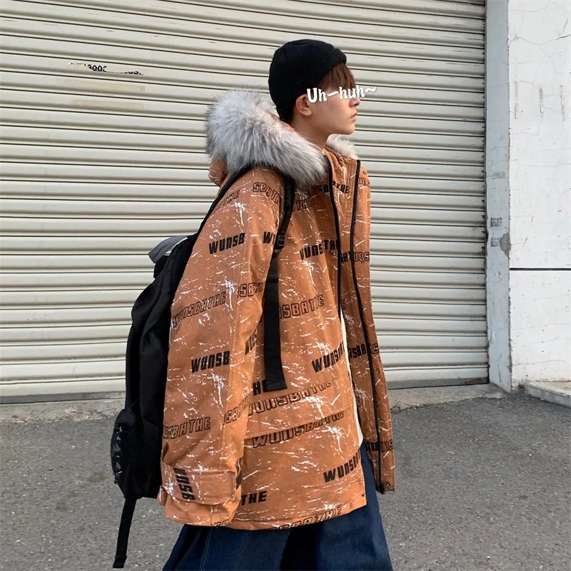 Мужская куртка-пуховик оверсайз с буквенным принтом зимняя модная трендовая