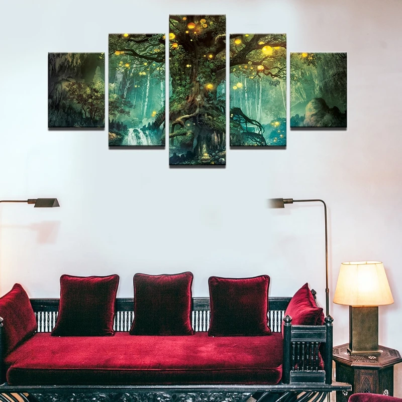 

5 Pieces Canvas Wall Art Teal Green Tree Landscape Black and White Picture Prints Wall Decoration for Modern Living Room