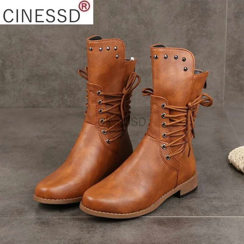

Женские полусапожки с заклепками CINESSD, полусапожки на низком каблуке, с круглым носком, на молнии сзади, весна-осень 2022