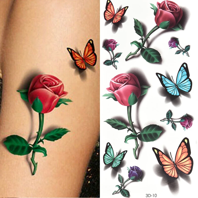 Временные тату наклейки для женский боди арт 3D бабочка роза цветок перо