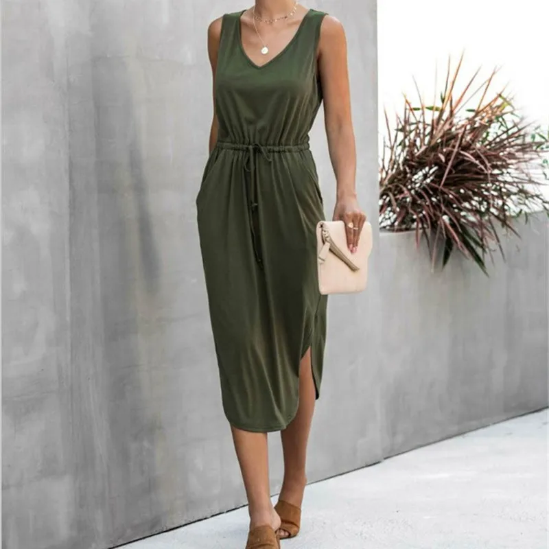 

2020 Summer Fashion Women Maxi Dress Casual Vintage V-neck Sleeveless Tank Dress for Ladies