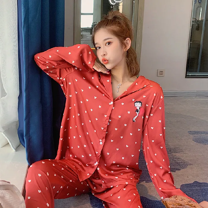 

Red 2PCS Shirt&Pant Young Lady Pajamas Suit Casual Full Sleeve Sleepwear Autumn New Faux Silk Pyjama Sweet Heart Print Home Wear