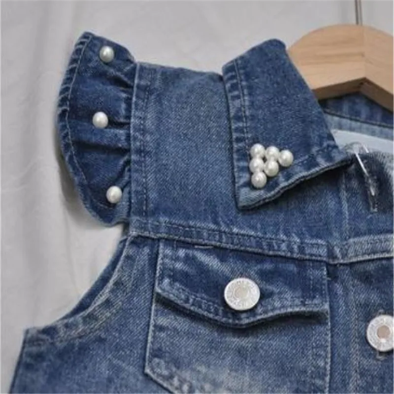 chifuna New Fashion Boutique Angel wings mesh pearl ruffle girls lapel denim Vest children Jacket Fall Autum Outerwear Coat | Детская