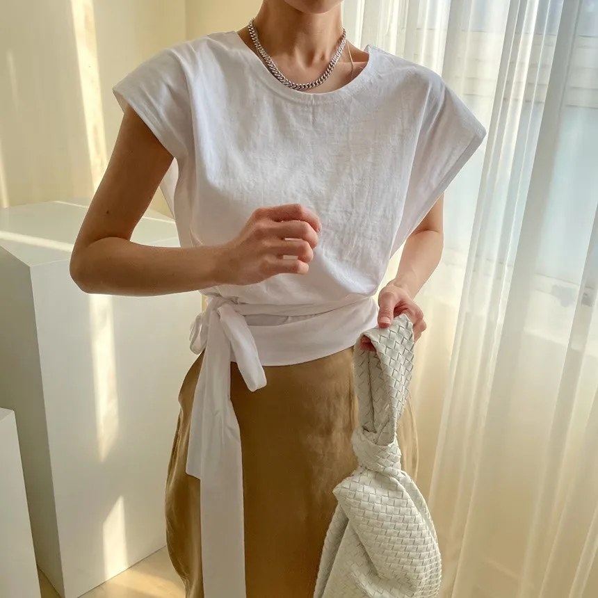 

Korejpaa Women T-Shirt 2021 Summer Korean Chic Temperament All-Match Round Neck Loose Casual Tie Bow Flying Sleeves Pullovers