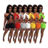 women solid tracksuit cross halter backless crop top lace up hollow out shorts casual active two piece set summer outfit 2021
