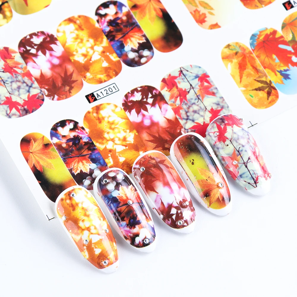 12 шт. осенние наклейки в виде листьев для ногтей Золотая осень кленовый слайдер