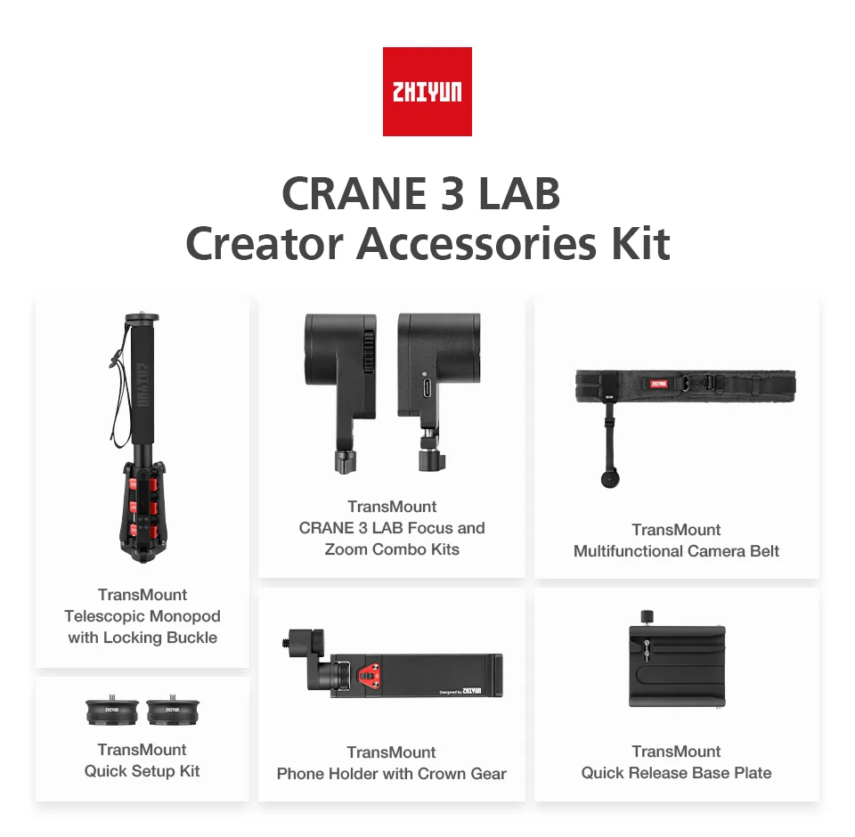 Набор аксессуаров Zhiyun Crane 3, в том числе держатель для телефона, мотор увеличения/фокусировки, ремень для камеры, набор для быстрой настройки