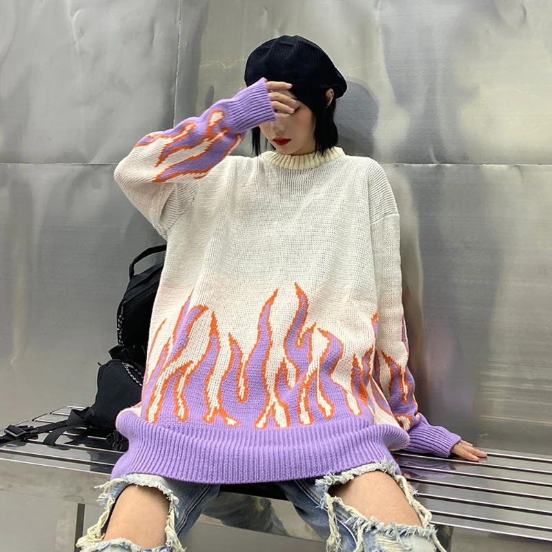 Gagaok Loose Harajuku Women Sweater Knit Top Spring Autumn Flame Sweaters Female Fashion Long Outfit Pullovers Plus Size | Женская