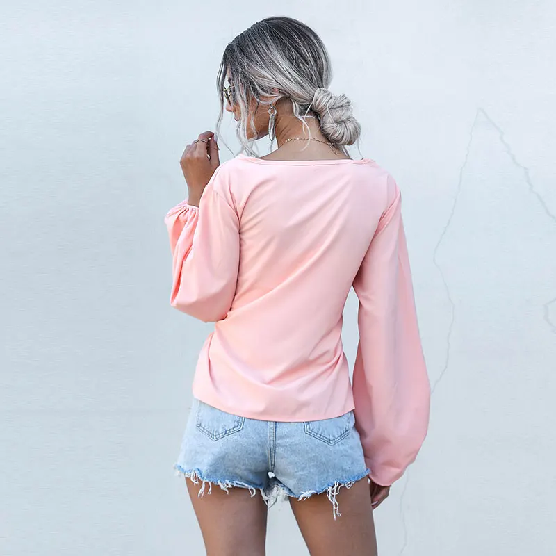 

2021 Spring Summer New Lantern Sleeve Pullover Top Women Casual O Neck Solid Bow Bandage Loose Blouse Ladies Chiffon Tops