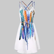 Womens Sexy V Neck Summer Dress Floral Feather Print Strappy Mini Dress Ladies Summer Beach Party Dresses