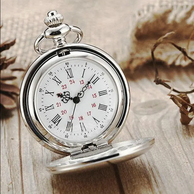 New Arrival Silver Smooth Quartz Pocket Watch Fob Chain Best Gift Men Women Fashion Steampunk Roman Numerals Reloj De Bolsillo