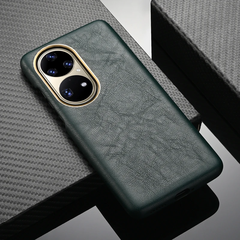 

P50 Original Genuine Leather Carbon Fiber Case For Huawei P50 Pro Case Luxury Metal Buttons Shockproof Protection Back Cover