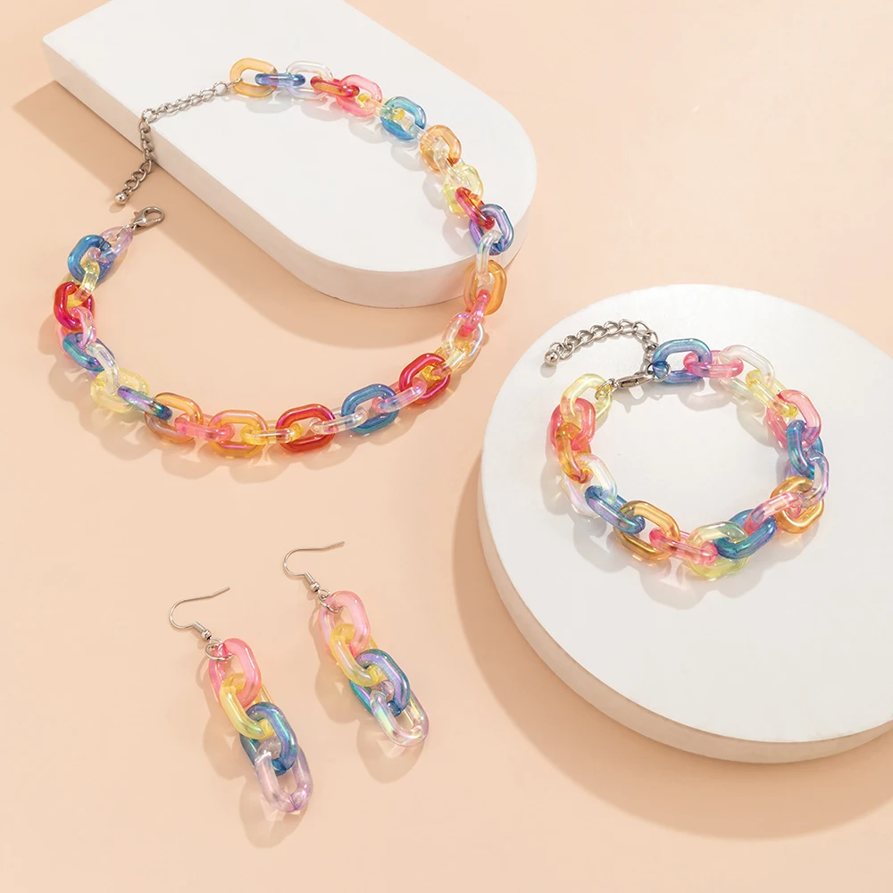 

2021 New Fashion Punk Colorful Acrylic Chain Earrrings Bracelet Necklace Sets For Women European American Cool Choker Jewelry