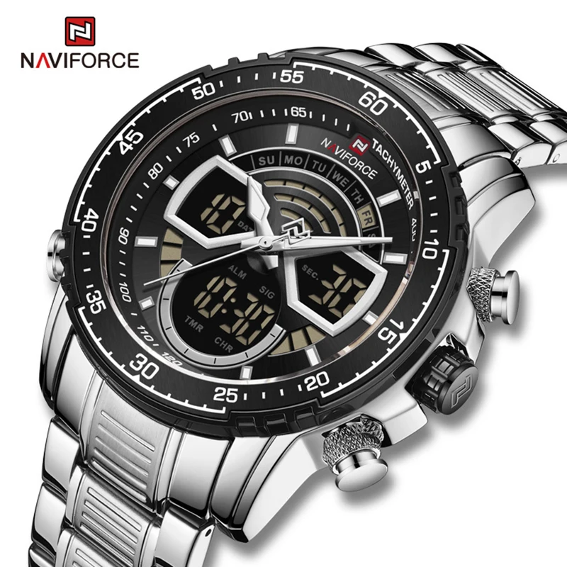 

NAVIFORCE Mens Casual Analog Digital Watch Stainless Steel Sports Waterproof Chronograph Luminous Quartz Clock Relogio Masculino