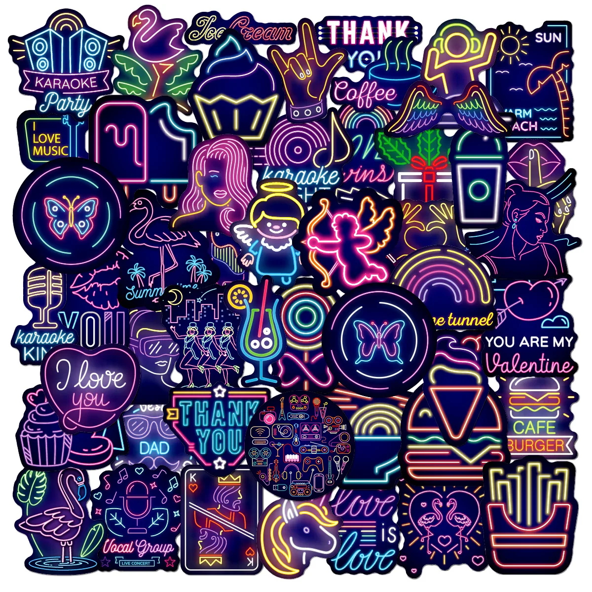 

50PCS Neon Light Sticker Gifts Toys for Kids Funny Waterproof Vinyl Stickers Pack for Laptop Luggage Guitar Graffiti Car Sticker