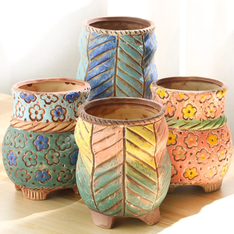 

New Korean Literary Color Contrast Ceramic Flowerpot Lovely Hand Painted Green Plants Potted Home Balcony Creative Gardening
