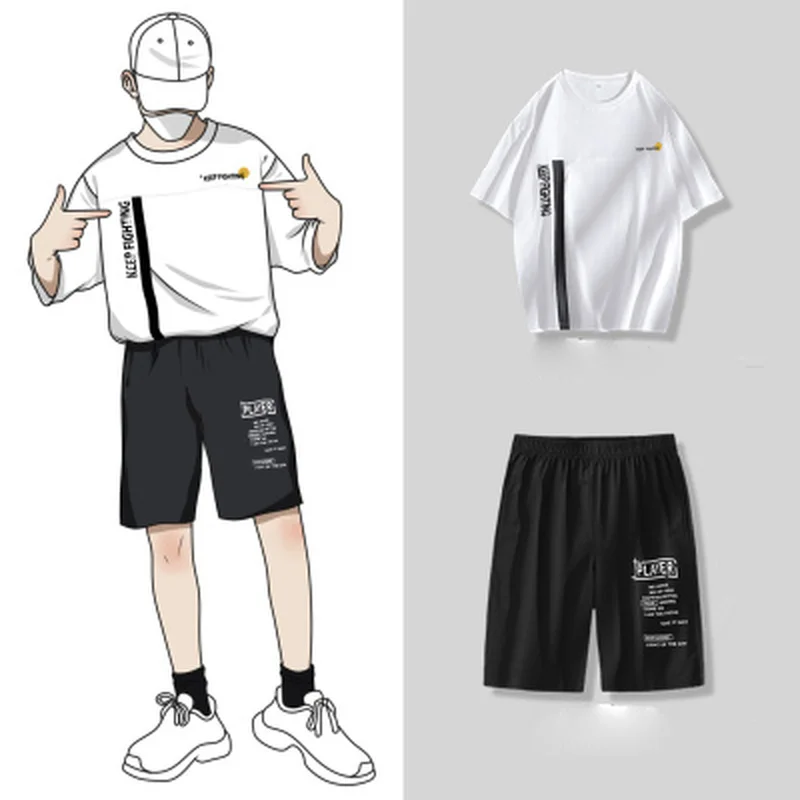 

Summer Mens Clothing Hip Hop Men Outfit Set Letter Printed 2 Piece Set Mens Shorts Set Breathable Short Sleeve Tshirt and Shorts