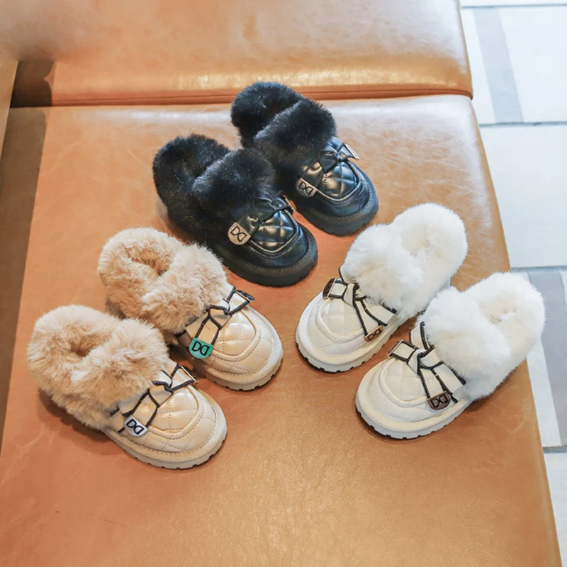 

Kids Shoes Girls Shoes Winter Warm Cotton Shoes PU Leather Loafers Cute Bowknot Princess Girls Dress Shoes Kids