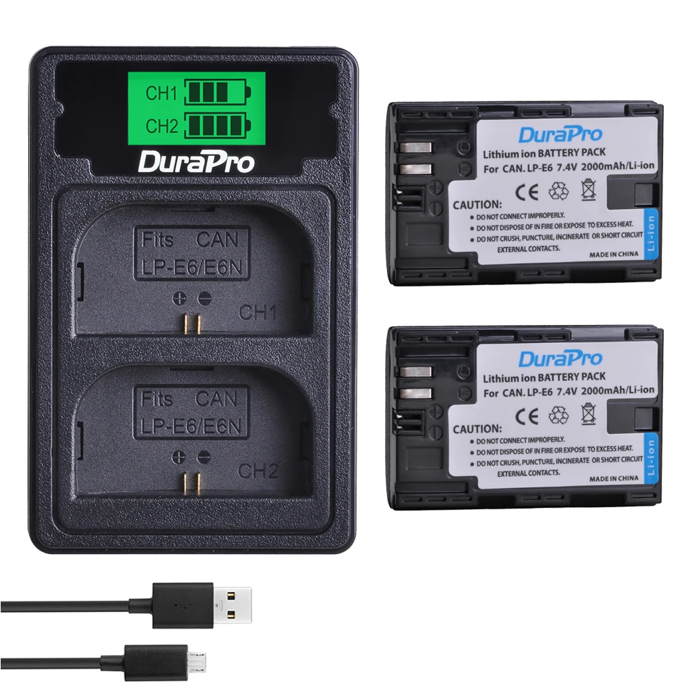 

DuraPro 2 шт. 2000 мАч LP E6 LP-E6 LP-E6N батарея для камеры + ЖК-Зарядное устройство USB с Type C для Canon EOS 5D Mark II III 7D 60D 6D