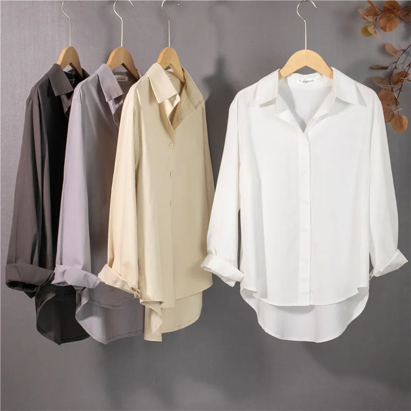 

Женская рубашка с отложным воротником, однобортная Свободная Повседневная универсальная Однотонная рубашка в Корейском стиле, весна-осень