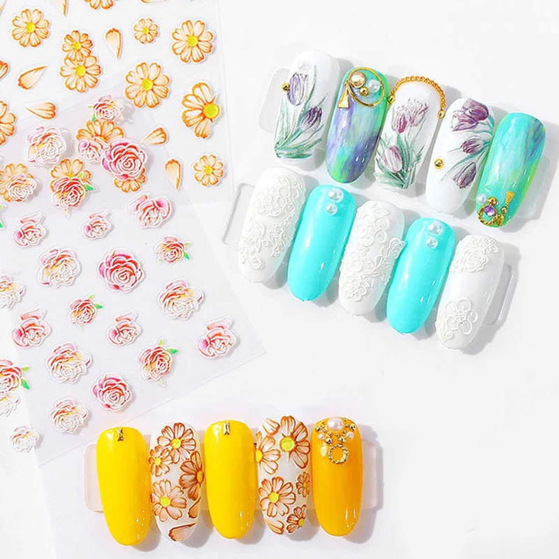 5D New Embossed Engraved Nail Stickers Women Beauty DIY Decal Butterfly Yellow Color Flower Manicure Water Decals