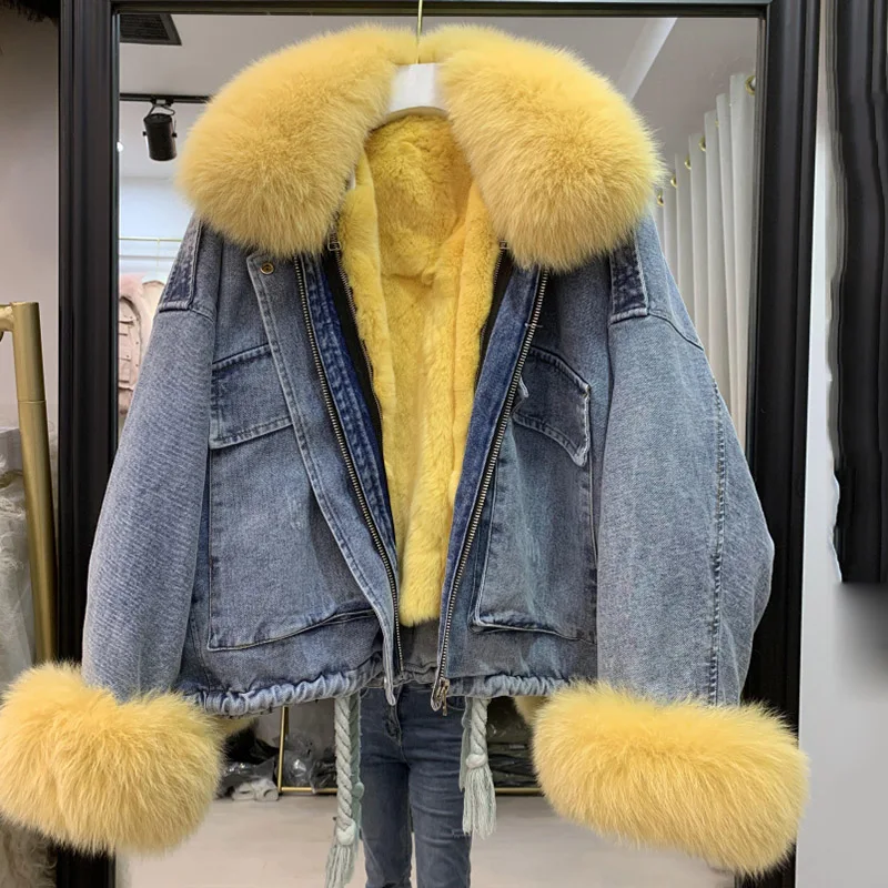 

Women's denim jacket with fur imitation fox collar cuffs real Rex rabbit fur lining winter women's warm jacket