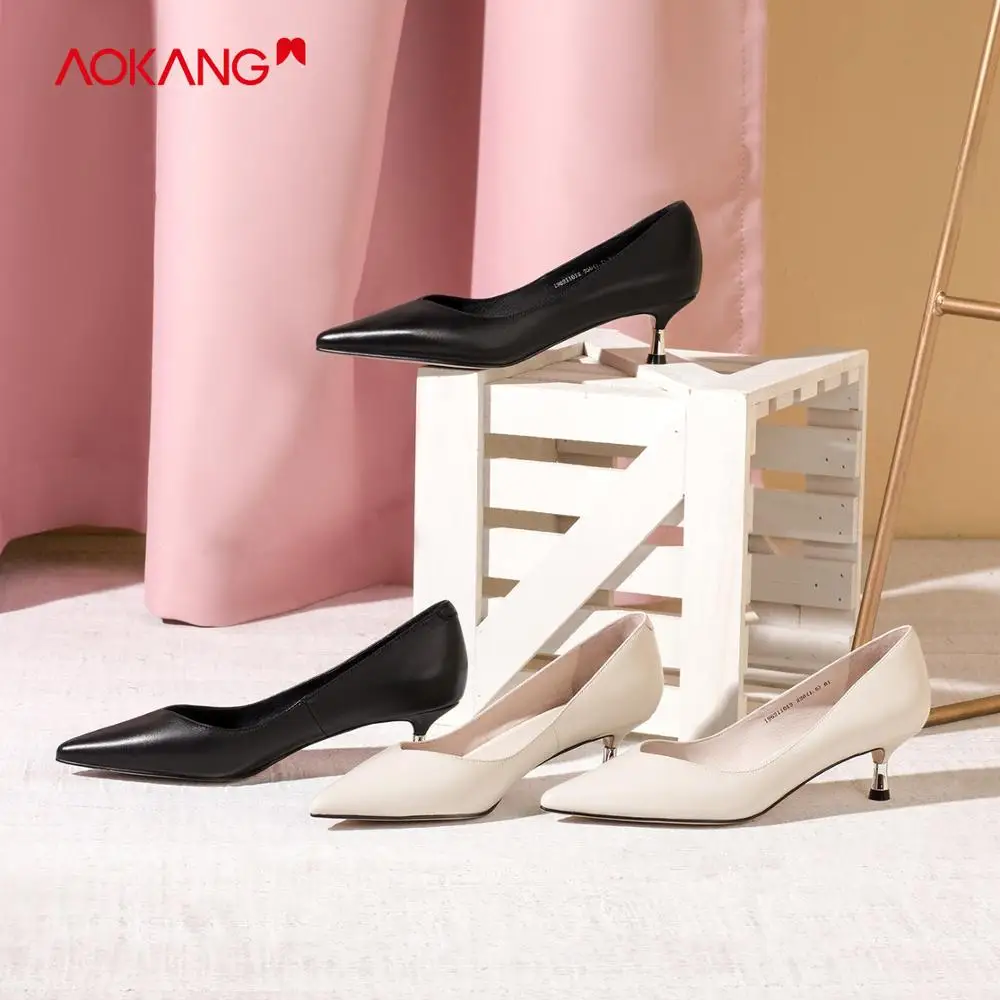 AOKANG New summer Women Solid Genuine leather High Heel Shoes Thine Heel Slip on formal ladies pumps Pointed Toe shoes