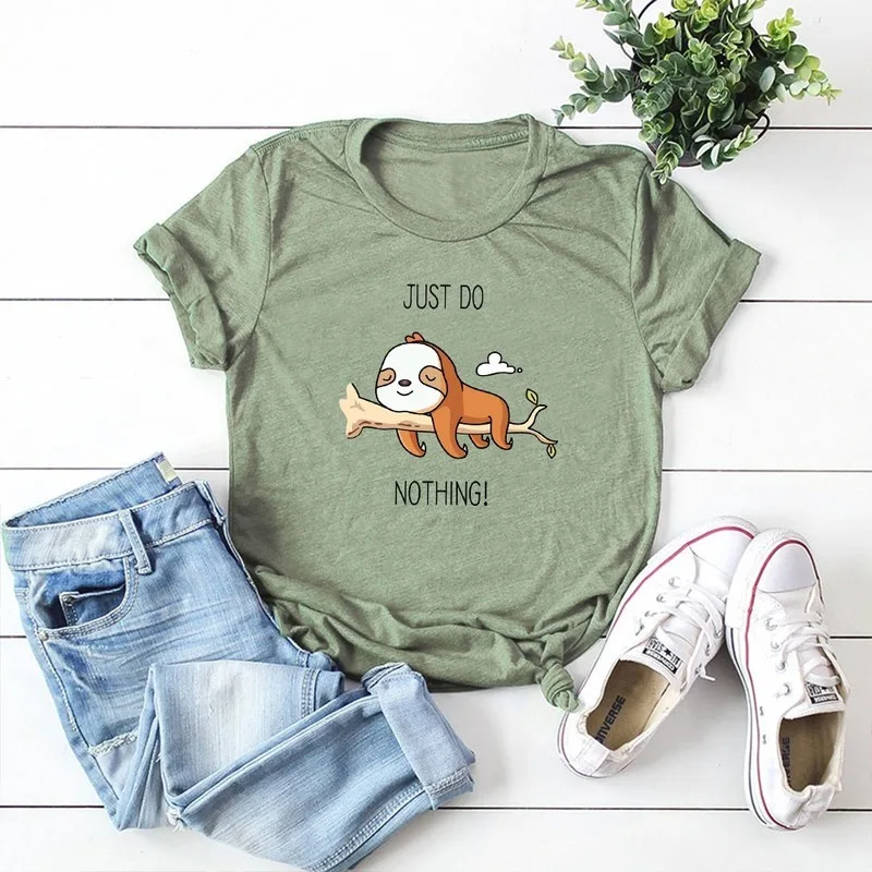 

Women T Shirt Summer Cotton Plus Size Lazy Sloth Print Short Sleeve Graphic Tee O-Neck Casual Woman Oversized TShirt Tops
