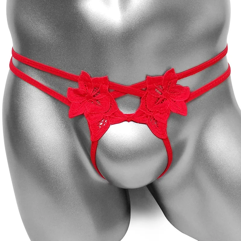 Трусики с открытой промежностью вышивкой цветами стринги нижнее белье для