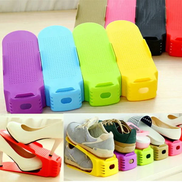 HOT Simple Shoes Rack Solid Color Plastic Double Adjustable Layer Stereo Receive Storage Hanger Saves Pace NDS | Дом и сад