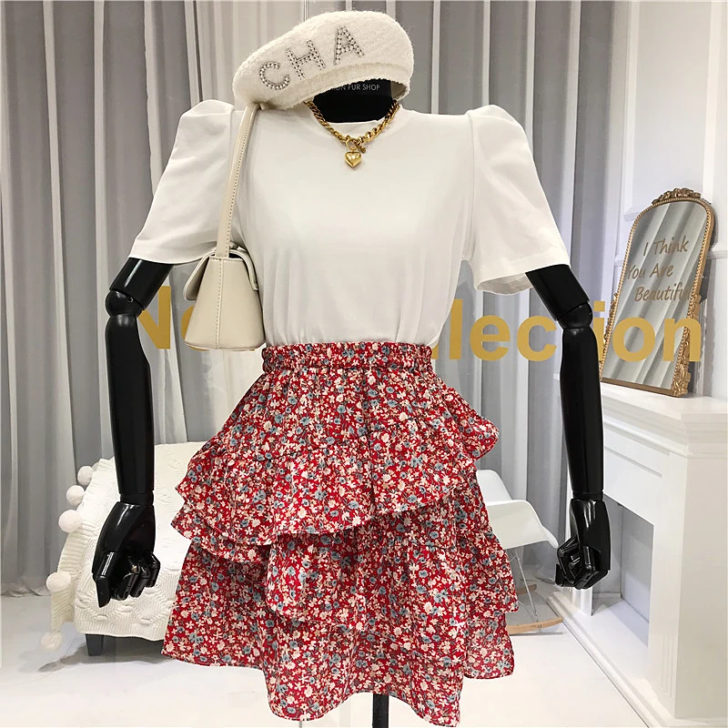 ALPHALMODA 2020 Summer New Floral High Waist Skirt + Puff Sleeve Tshirt Women Fashion 2pcs Suit Ladies Sweet Ruffled Top | Женская