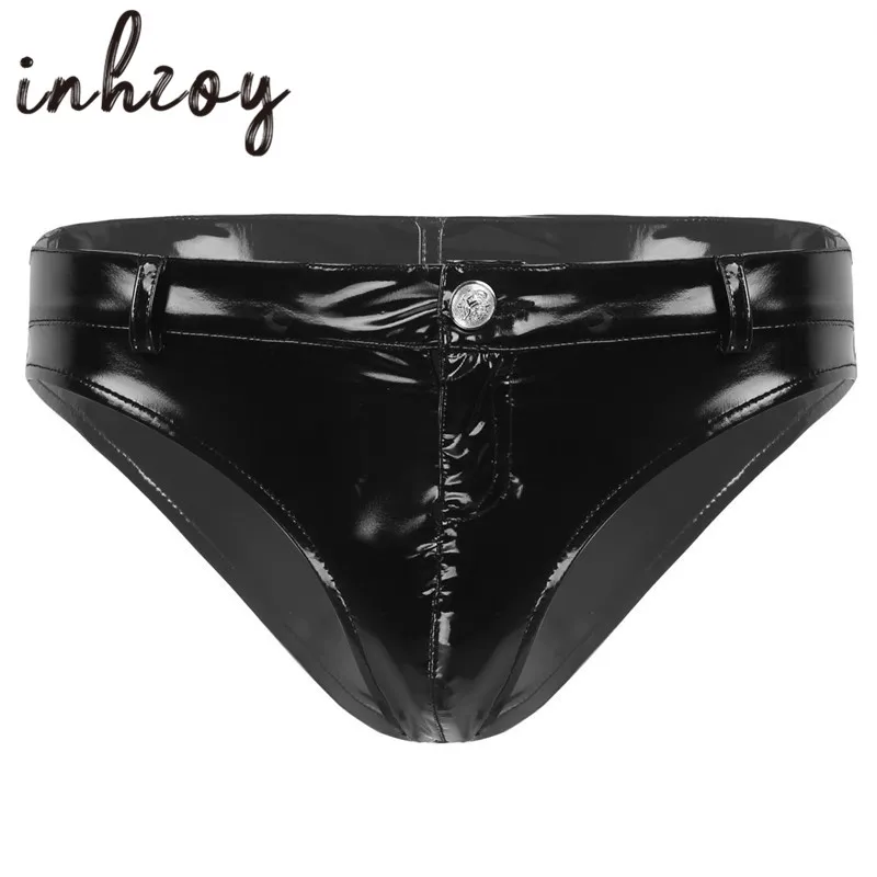 

Hot Sexy Men's Panties Black Patent Leather Briefs Low Rise Zipper Crotch Underpants for Male Nightclub Party Rave Underwear