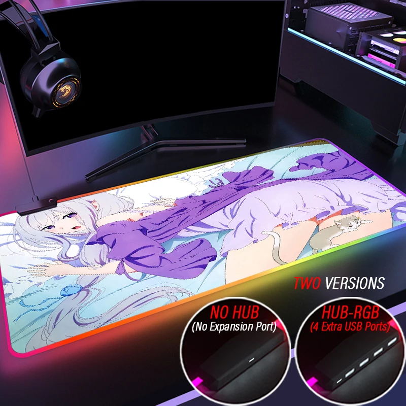 Большой игровой коврик для мыши Rem Ram Emilia HUB 4 в 1 USB Re zero RGB с светодиодный светкой |