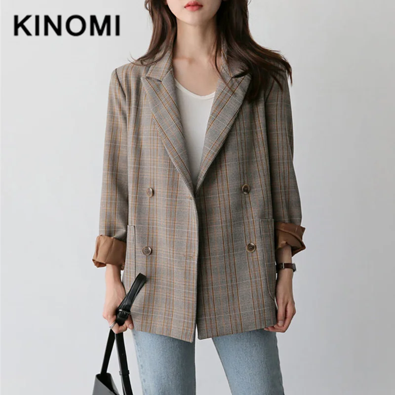 KINOMI винтажный клетчатый двубортный Женский блейзер осенний длинный рукав в