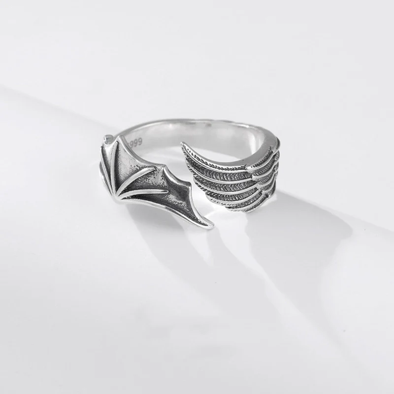 

Fashion personality devil angel wings hug silver unisex open ring wholesale