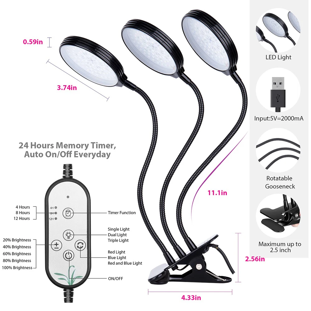 

Dimming Timing Seedling Growing Lamp 15W 30W 35W LED USB Clip Plants Grow Light Clip-on Grow Lamp for Plants