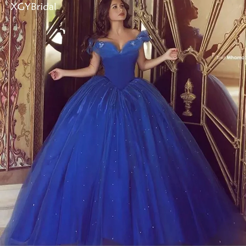 

Новое поступление, ярко-синие пышные бальные платья Quinceanera, бальное платье с открытыми плечами, тюлевые юбки с бисером, Платья для вечеринок