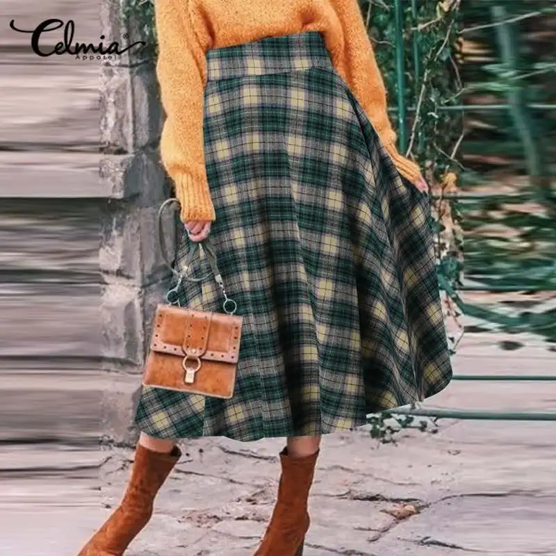 

Women Plaid A Line Midi Jupes Celmia Vintage Brushed Office Lady Long Skirts 2021 Autumn Elastic High Waist Casual Loose Faldas