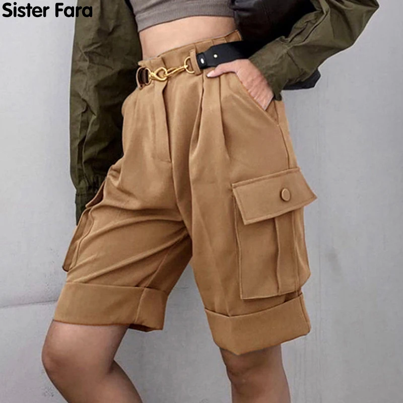 

Sister Fara Elegant Multi-pocket Women's Shorts Fashion High Waist Button Fly Straight Casual Shorts Women Loose Summer Shorts