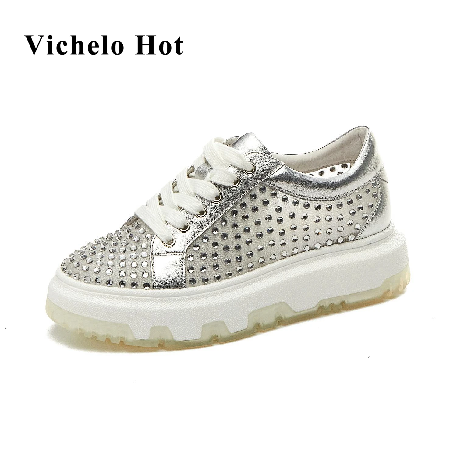 

Vichelo Hot 2021 cow leather lace up cross-tied jelly leisure sneakers round toe shiny crystal-studded mesh vulcanized shoes L20