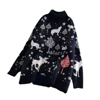 2021 new autumn and winter embroidery christmas elk sweater women loose retro thick sweater fashion sexy pullover sweater