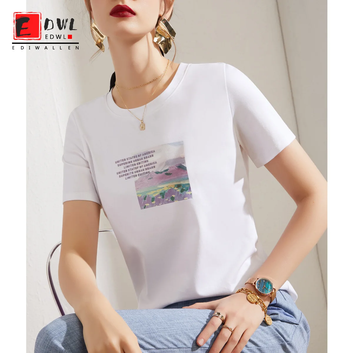 

Женская футболка с коротким рукавом Ediwallen, новинка весны 2021, корейский Свободный Топ с круглым вырезом и принтом, футболка с полурукавами и п...
