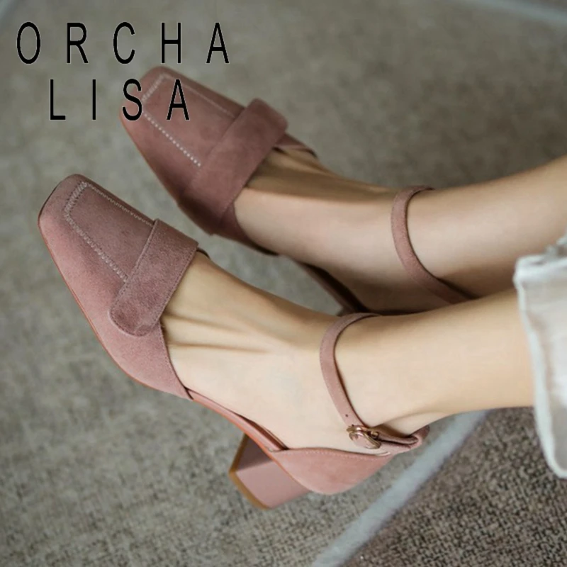 

ORCHA LISA/Новые 2021 женские сандалии с квадратным носком 4,5 см квадратный каблук; Обувь из флока; Из натуральной кожи; Элегантная обувь на платфор...